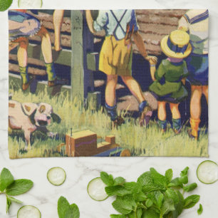 Linge De Cuisine Enfants vintage faisant signe au fermier local sur