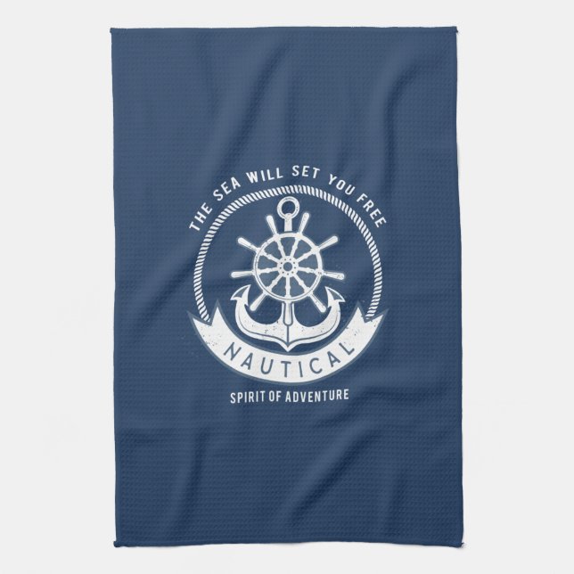 Linge De Cuisine Esprit nautique Ancre, Roue, Bleu marine (Vertical)