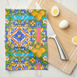 Linge De Cuisine Été, Carreaux siciliens, agrumes, citrons Méditerr