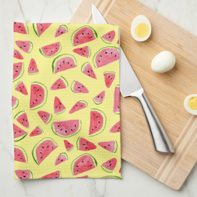 Linge De Cuisine Eté Fruit Fun Watermelons Aquarelle Jaune (Quart Plié)