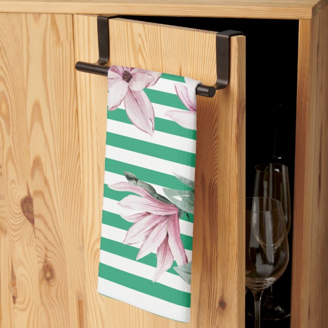 Linge De Cuisine Été, printemps, imprimé magnolia rayé vert (Pliage en tiers)