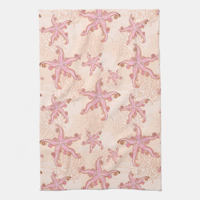 Linge De Cuisine Étoiles de mer et motif pastel rose corail (Vertical)