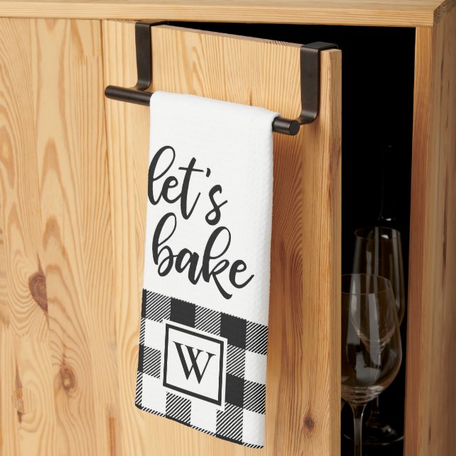 Linge De Cuisine Faisons cuire le Buffalo Plaid Monogramme noir bla (Pliage en tiers)