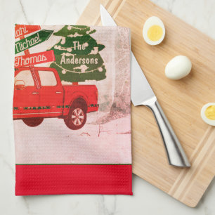 Linge De Cuisine Famille de Camions Rouge et Vert Joyeux Noël Vinta