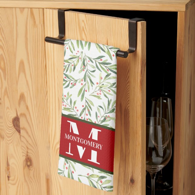 Linge De Cuisine Famille Monogram Christmas Holly (Pliage en tiers)