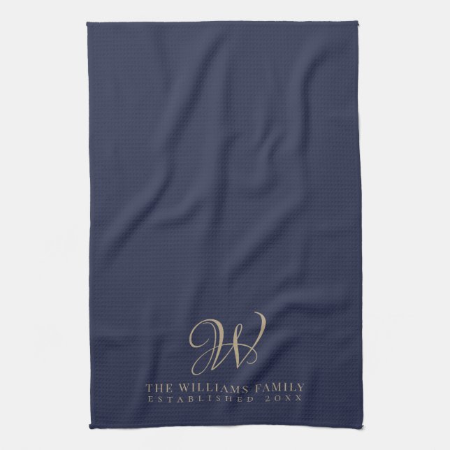 Linge De Cuisine Famille Monogramme Élégant Script Marine Cuisine (Vertical)