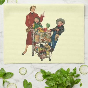 Linge De Cuisine Famille Rétro, Maman et Enfants Chariot de Courses