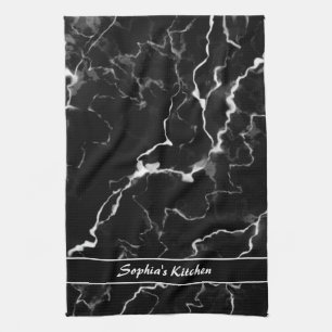 Linge De Cuisine Faux Black Marble Texture Look Avec Texte Personna