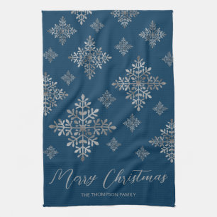 Linge De Cuisine Faux flocons de neige en feuille grise sur fond bl