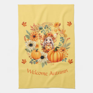 Linge De Cuisine Fée Citrouille mignonne dans la couronne d'automne