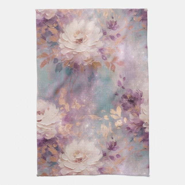 Linge De Cuisine Feminine Bleu Blanc Or Violet Floral (Vertical)