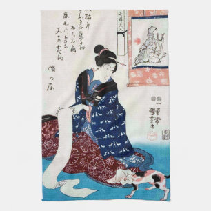 Linge De Cuisine Femme au chat et parchemin, Kuniyoshi