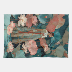 Linge De Cuisine Femme élégante en Hanbok dans un jardin de lotus r