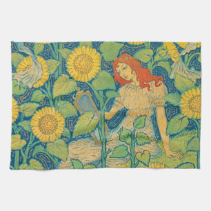 Linge De Cuisine Femme-fille de fleurs dans le jardin de tournesol