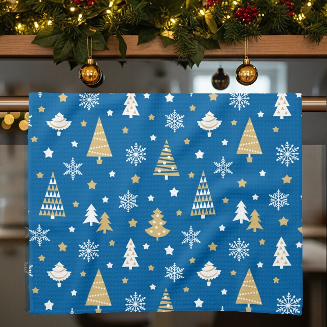 Linge De Cuisine Festif Arbres de Noël Snowflakes Bleu (Créateur téléchargé)