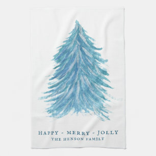 Linge De Cuisine Festif Bleu Arbre de Noël Aquarelle vacances