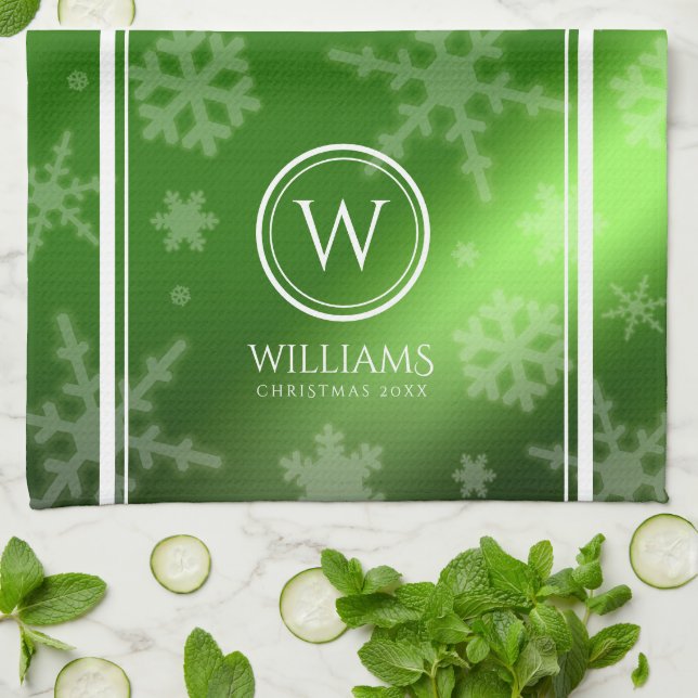 Linge De Cuisine Festif Green Foil Snowflakes Nom du monogramme (Plié)