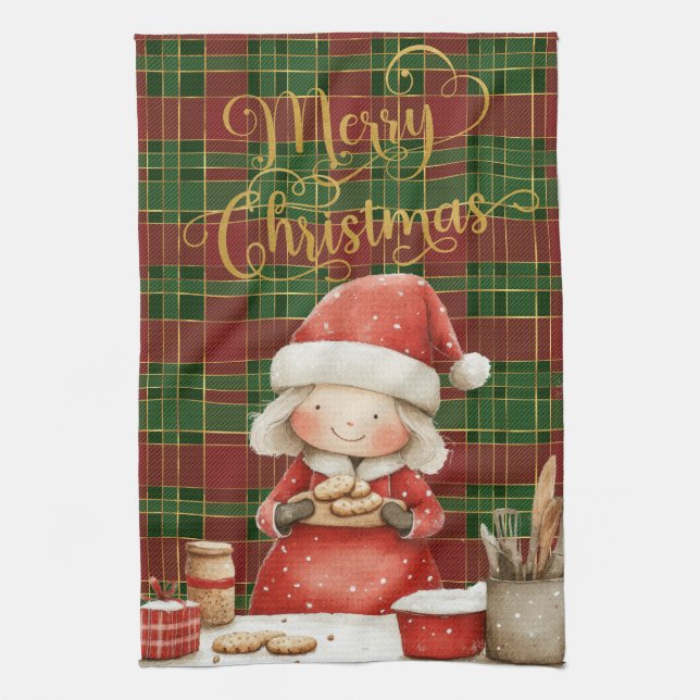 Linge De Cuisine Festive Classic Red Green Gold Tartan Mme Claus (Vertical)