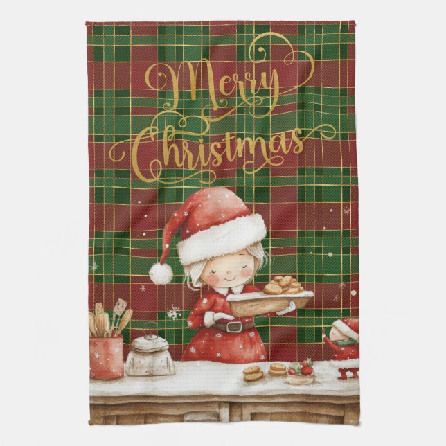 Linge De Cuisine Festive Classic Red Green Gold Tartan Mrs Claus  (Vertical)