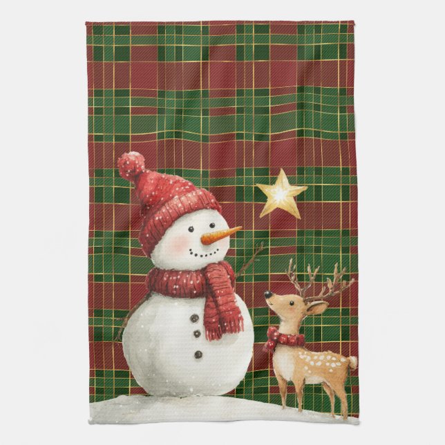 Linge De Cuisine Festive Classic Red Green Gold Tartan Snowman (Vertical)