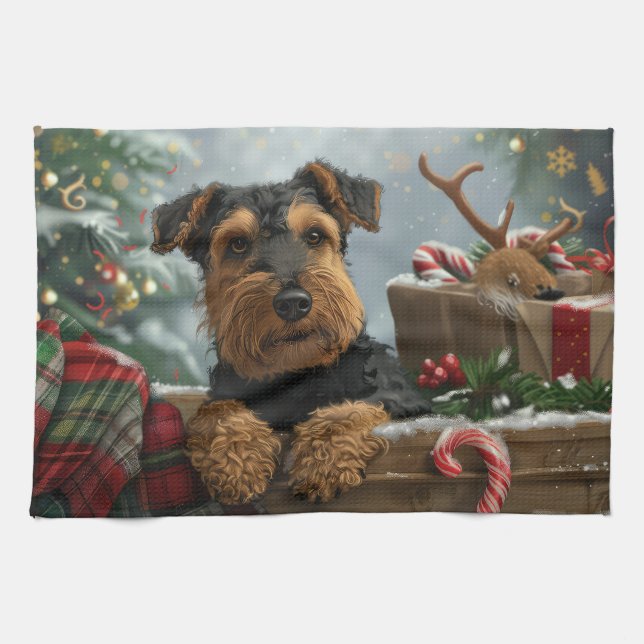 Linge De Cuisine Festive de Noël de Chien Airedale (Horizontal)