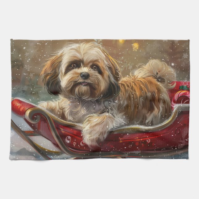 Linge De Cuisine Festive de Noël de chien Lhasa Apso (Horizontal)