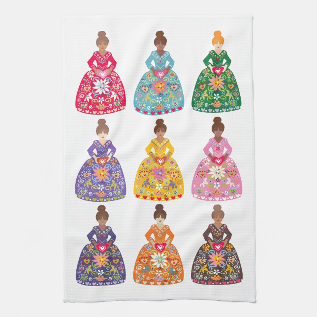 Linge De Cuisine Festive Folk Art Ladies (Vertical)