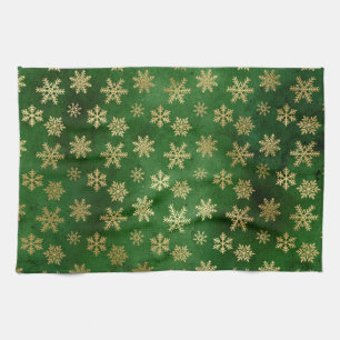 Linge De Cuisine Festive Green et Gold Foil Snowflakes d'hiver