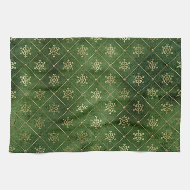 Linge De Cuisine Festive Green et Gold Foil Snowflakes d'hiver (Horizontal)