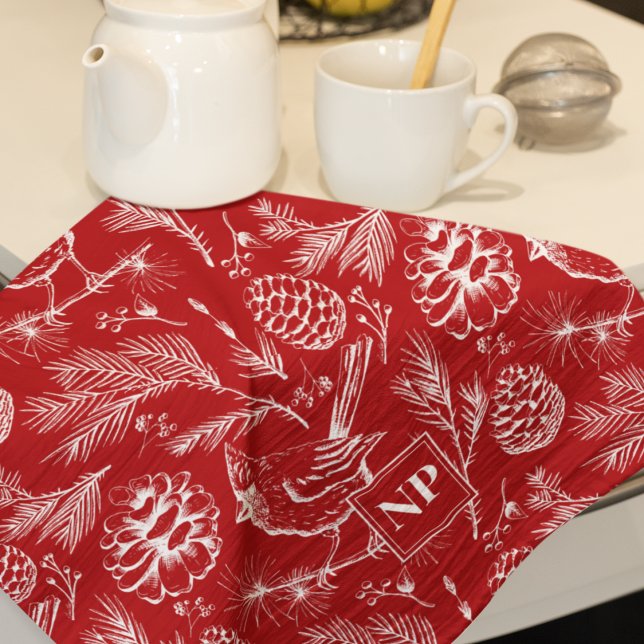 Linge De Cuisine Festive Red Cardinal Bird, pin et baies d'hiver (Winter Red Cardinal Bird Pattern Christmas Kitchen Towel. Cardinal Bird, Pine Branches & Pinecones)