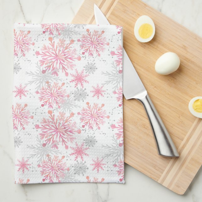 Linge De Cuisine Festive rose grise neige motif carrelé (Quart Plié)