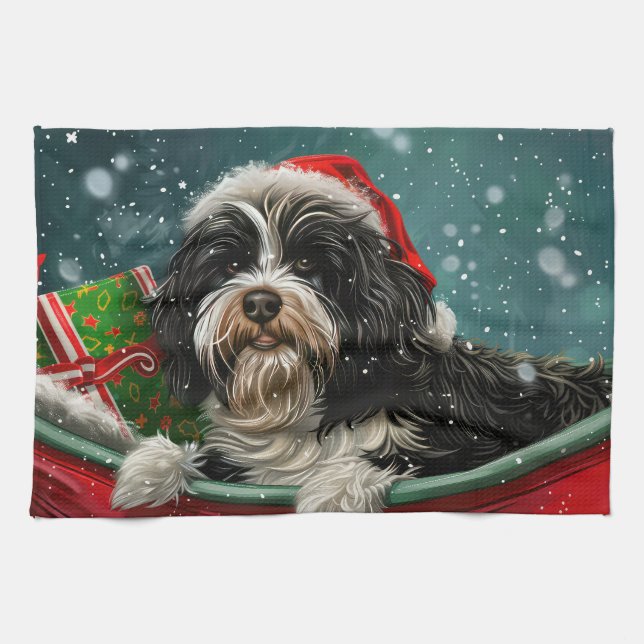 Linge De Cuisine Fête de Noël du chien tibétain Terrier (Horizontal)