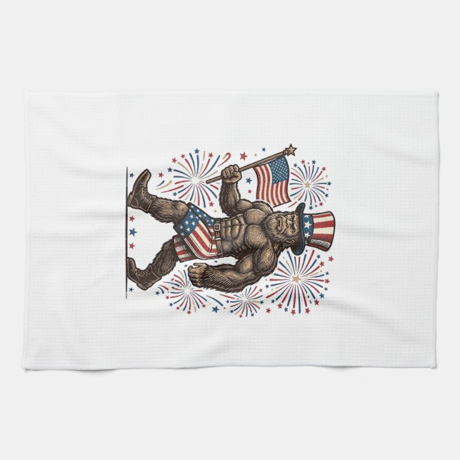 Linge De Cuisine Feu d'artifice patriotique Sasquatch Gravure vinta (Horizontal)