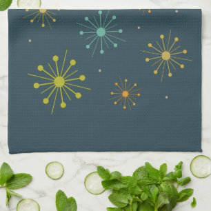 Linge De Cuisine Feu d'artifice rétro Starbursts Bleu foncé Mid Cen
