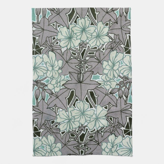 Linge De Cuisine feuillage vert sauge et gris Art nouveau floral (Vertical)