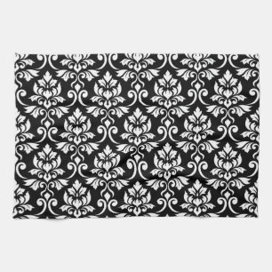 Linge De Cuisine Feuille Damask Grand Motif blanc sur noir