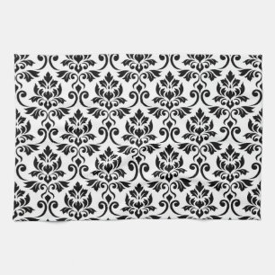 Linge De Cuisine Feuille Damask Grand Motif noir sur blanc