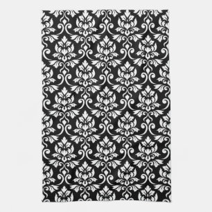 Linge De Cuisine Feuille Damask (v) Motif blanc sur noir