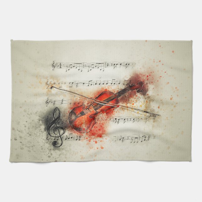 Linge De Cuisine Feuille d'aquarelle Musique et violon (Horizontal)