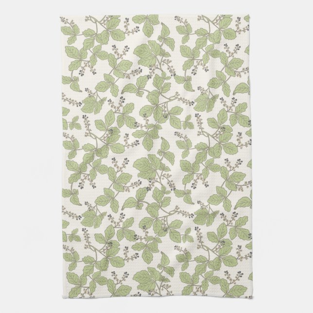 Linge De Cuisine Feuilles botaniques avec fleurs et baies vert (Vertical)
