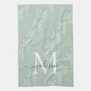 Linge De Cuisine Feuilles botaniques Turquoises modernes Monogramme