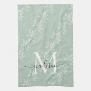 Linge De Cuisine Feuilles botaniques Turquoises modernes Nom du scr