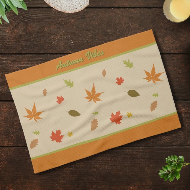 Linge De Cuisine Feuilles d'automne colorées avec texte personnalis (Créateur téléchargé)