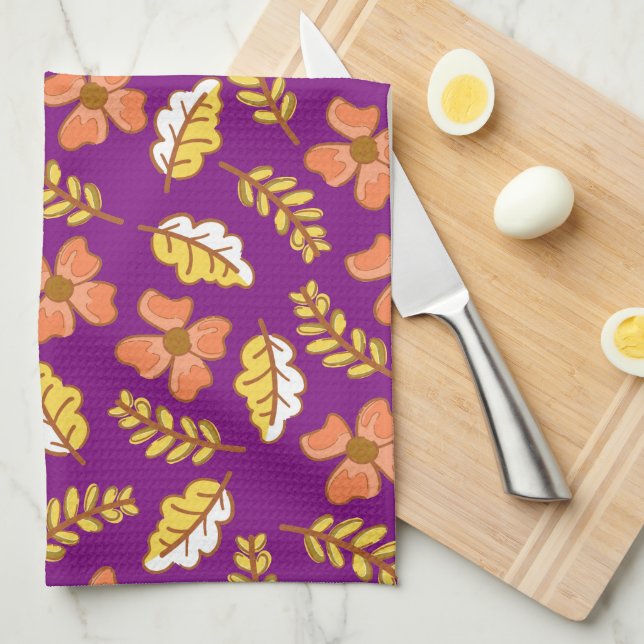 Linge De Cuisine Feuilles d'automne en chute chaude avec fleurs (Quart Plié)
