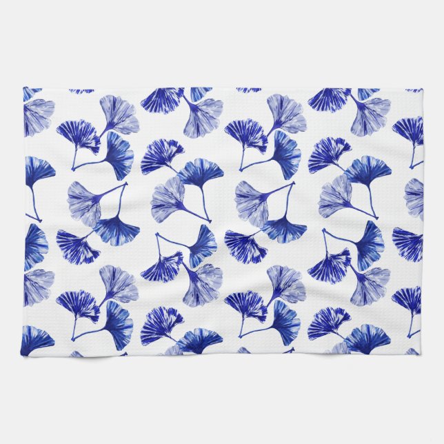 Linge De Cuisine Feuilles de gingko bleu et blanc (Horizontal)