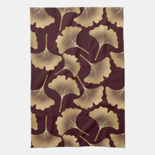 Linge De Cuisine Feuilles de Ginkgo dorées Motif botanique de Bourg