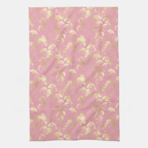 Linge De Cuisine Feuilles de Ginkgo dorées sur motif botanique rose