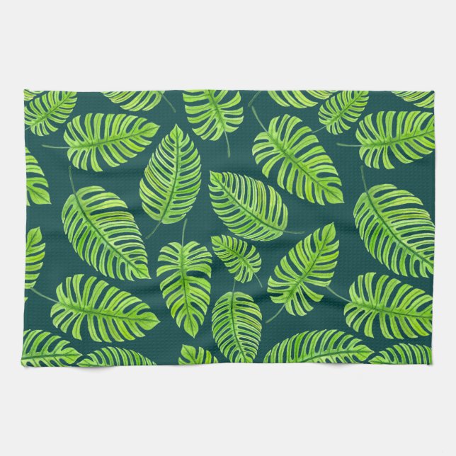 Linge De Cuisine Feuilles de Monstera, motif d'aquarelle tropicale (Horizontal)