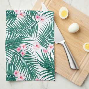 Linge De Cuisine Feuilles de palmiers tropicaux verts avec fleurs d
