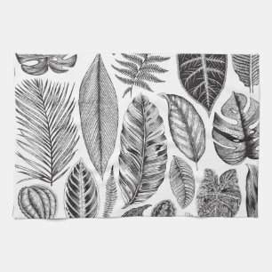 Linge De Cuisine Feuilles exotiques, vintage floral noir et blanc.